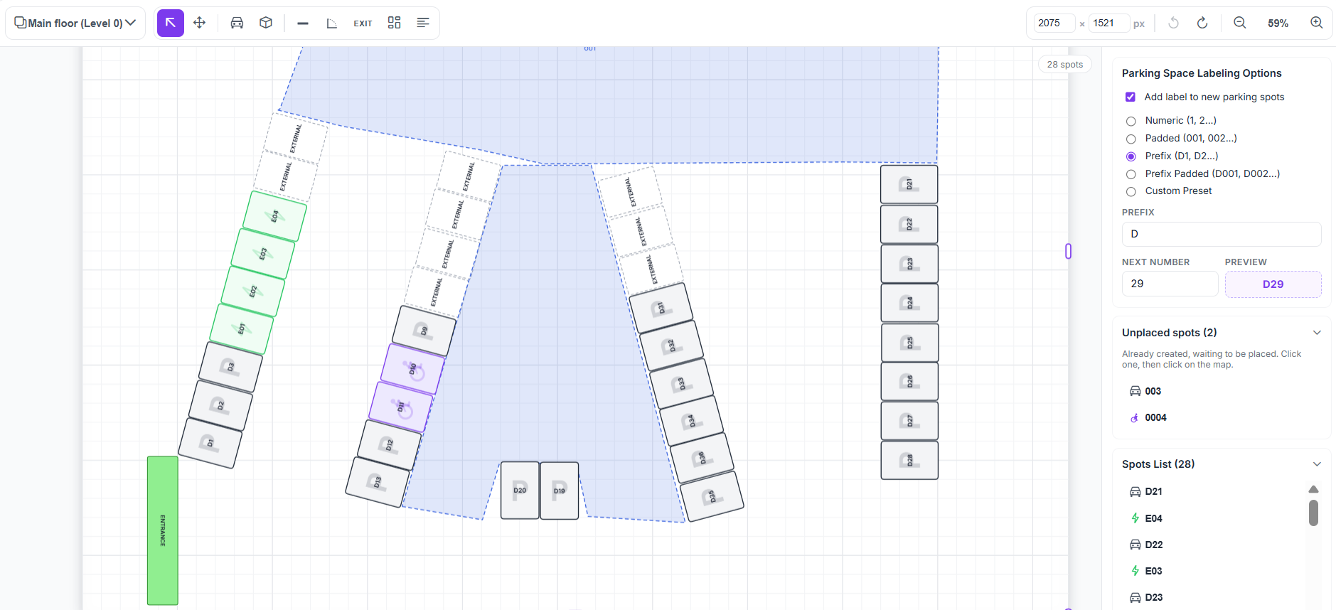 Visual parking map editor showing labeled spots on a floor plan